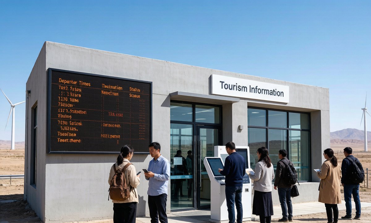 A tourism information center in Xinjiang with a digital information board