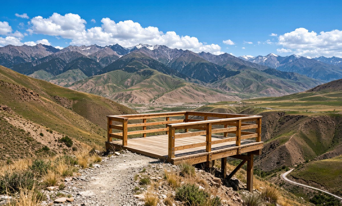 A scenic overlook with a newly built wooden viewpoint platform in Xinjiang