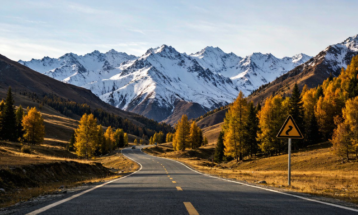 Paved road winding through a golden autumn valley in Xinjiang