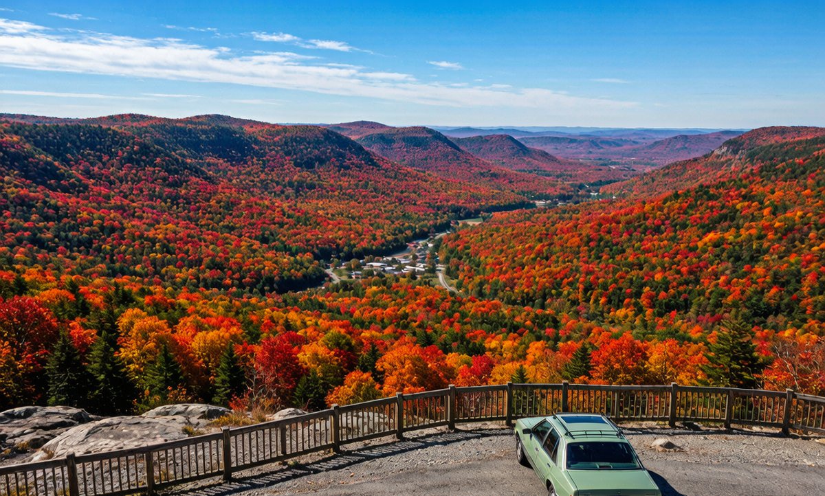Car parked on a scenic autumn overlook above a red and orange valley