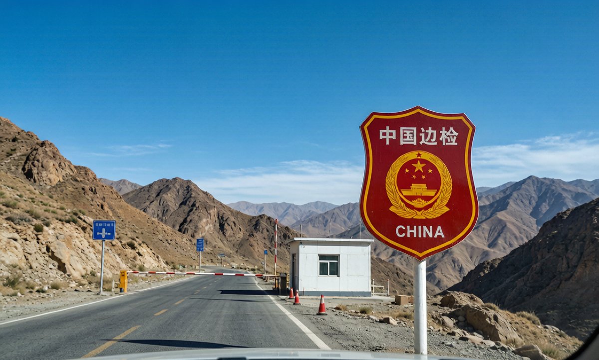 A border checkpoint sign on a highway into the Xinjiang frontier region