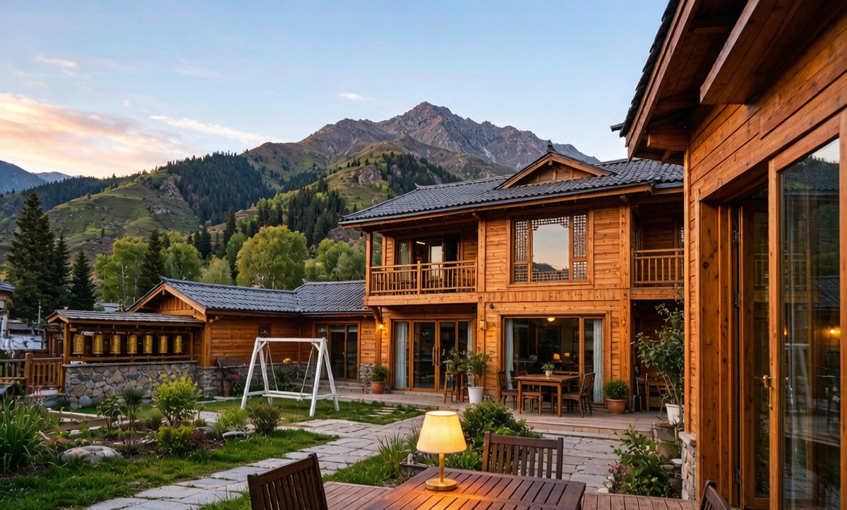 A cozy wooden guesthouse courtyard in Burqin, Xinjiang