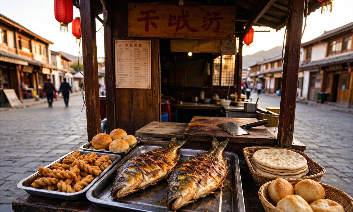 A street food stall in Burqin, Xinjiang with grilled fish and local snacks