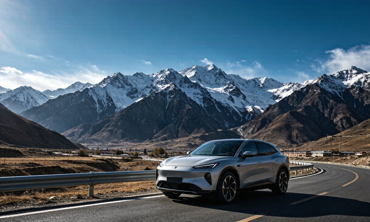 Electric SUV driving a winding mountain road in Xinjiang