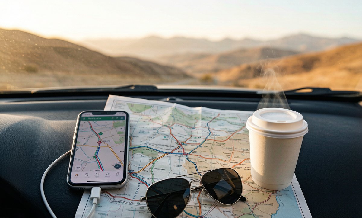 Road trip planning essentials on a car dashboard in Xinjiang