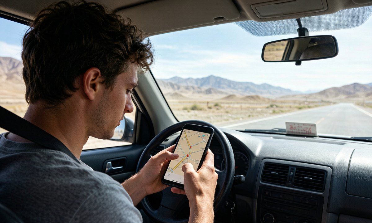 Foreign driver using offline maps on a smartphone in a Xinjiang rental car