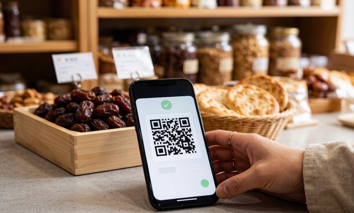 Mobile QR payment at a small Xinjiang shop counter