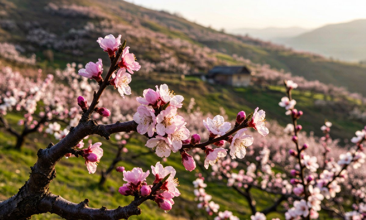 Pink and white apricot blossom branches in early spring