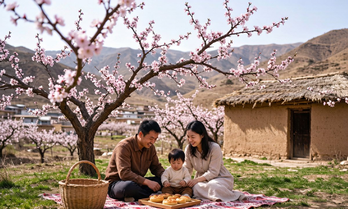 A local family among blooming apricot orchards in the Ili valley