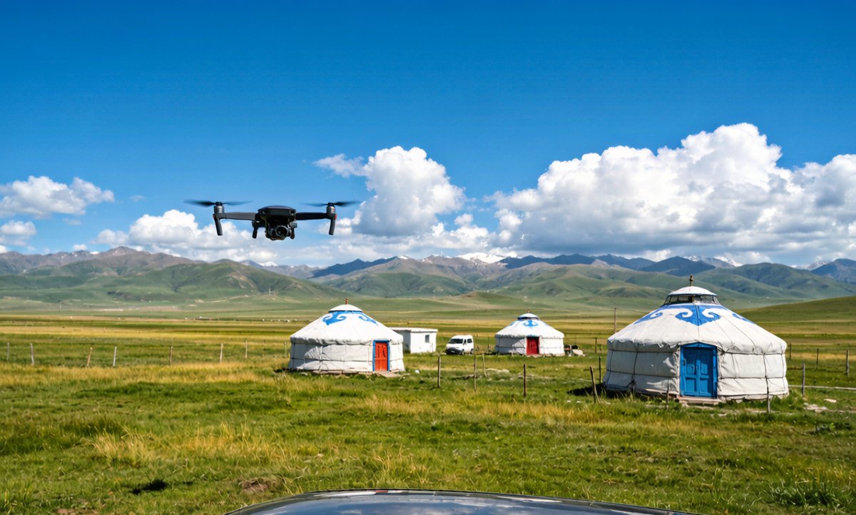 Drone flying above a grassland with yurts and mountains in Xinjiang