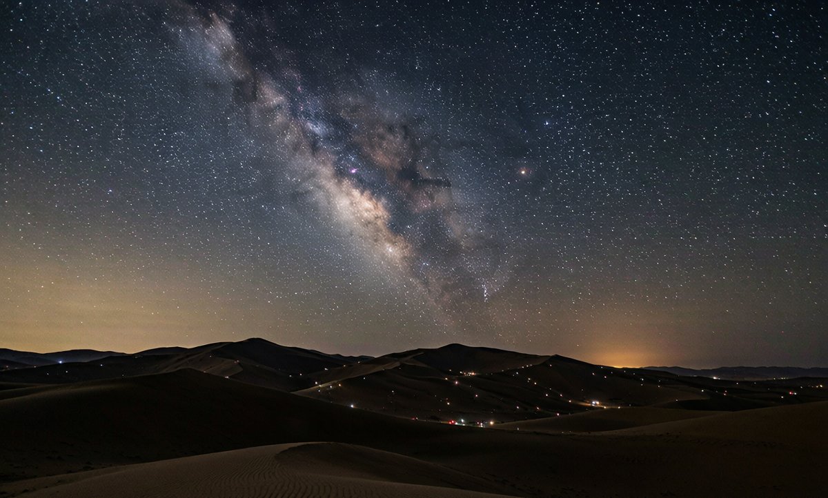 A star-filled night sky over the Xinjiang desert