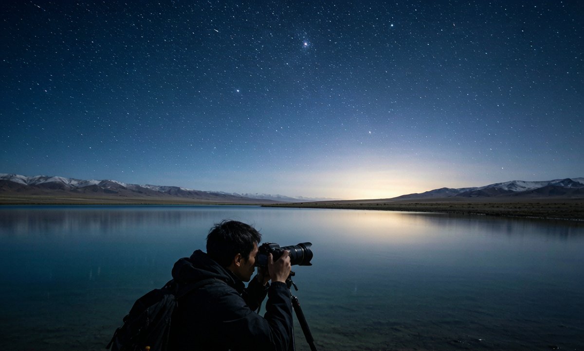 A photographer with a camera on a tripod under the Milky Way