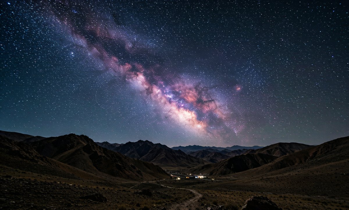 The Milky Way arching over a remote mountain ridge