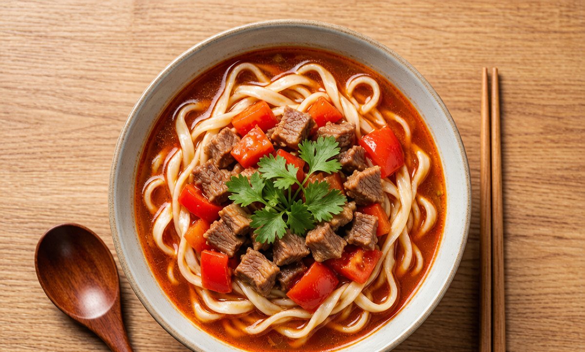 Bowl of Xinjiang hand-pulled noodles with lamb and vegetables