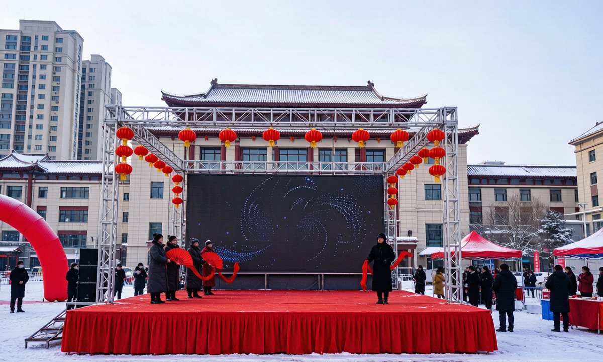 A winter snow festival stage with performers
