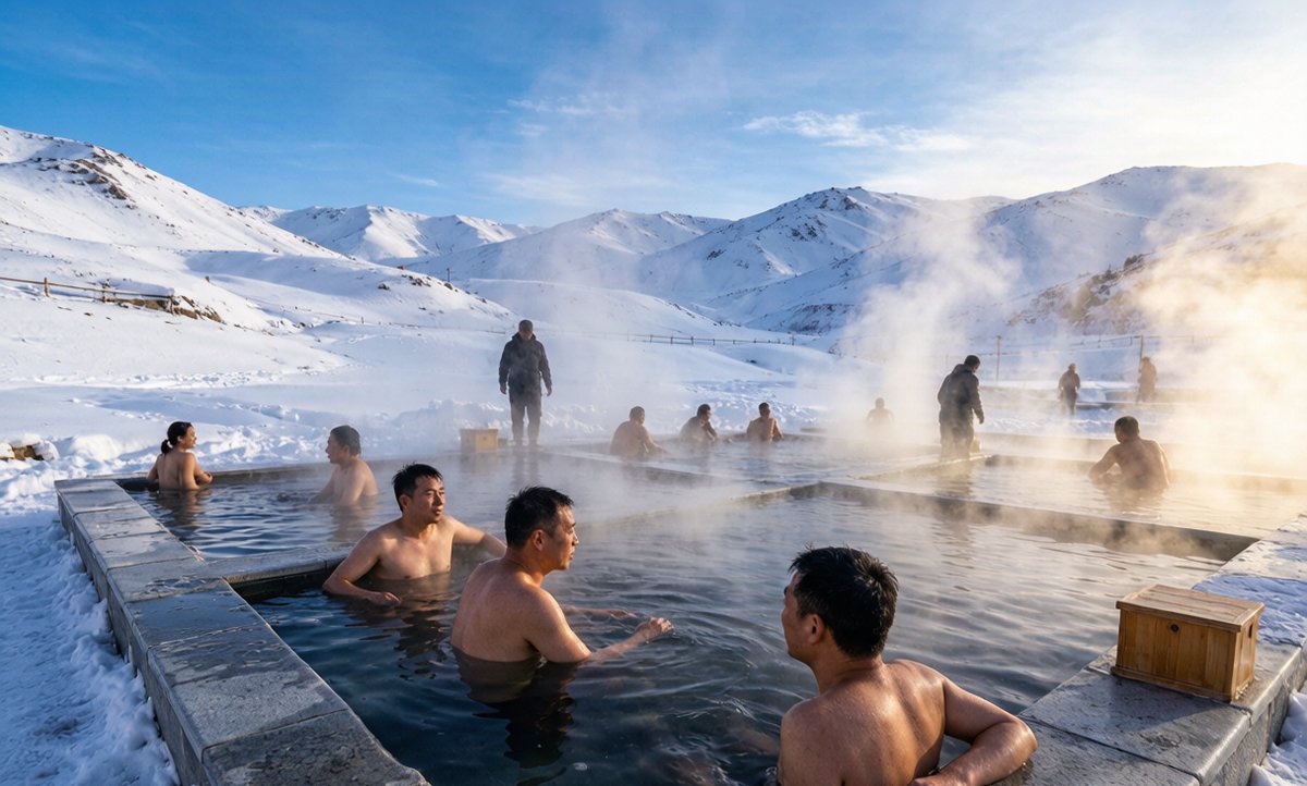 People soaking in a steaming outdoor hot spring in winter