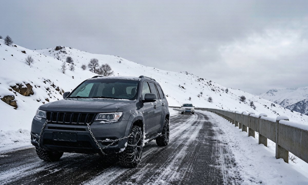 A car driving carefully on a snow-covered mountain pass in winter Xinjiang